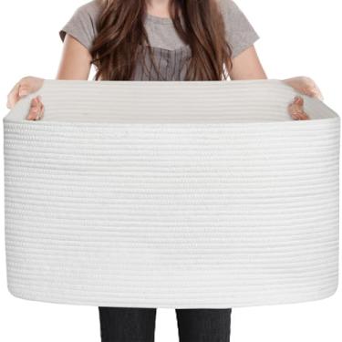 Imagem de MEGASKET Cesta Retangular de Armazenamento Branca Extra Grande, 60 x 39 cm x 35,8 cm, Corda de Algodão