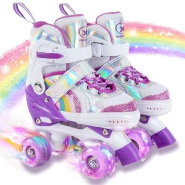 Imagem de Patins infantis para crianças de 5-8/8-12/6-12, patins arco-íris ajustáveis para meninas com rodas iluminadas, patins infantis para meninas e meninos, patins para iniciantes para uso interno e externo