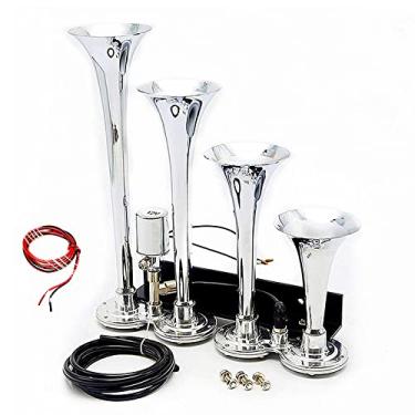 Imagem de Viping Buzina de carro prata com quatro tubos, o buzina elétrica eletromagnética com controle de solenoide de ar, apito à prova d'água, 12 V, 175 DB, válvula de som de motor alto para carro, qualquer veículo, caminhão, trens, barcos, caminhão, caminhão, vans, vans
