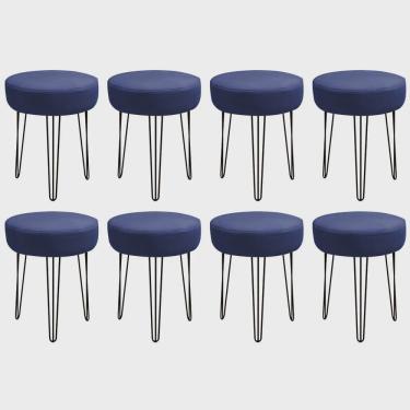 Imagem de Kit 08 Banquetas Puff Jullia Luxo 55cm Industrial Ferro Preto Corino Azul Marinho - Ahz Móveis