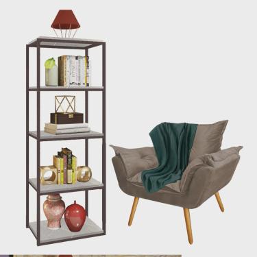 Imagem de Kit Poltrona Fatte com Manta Soft Verde e Estante Livreiro Ferro Marrom mdf Marmorizado Cinza Suede Bege - Ahazzo Móveis
