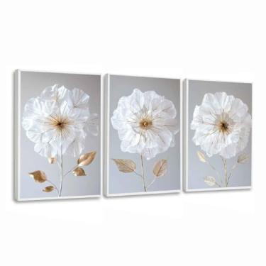 Imagem de Quadro Decorativo Flores Branca gold petalas luxo moderno com moldura (Moldura Branca, 60x80, Sem Vidro)