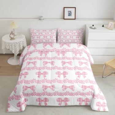 Imagem de Jogo de cama casal com laço xadrez, estilo princesa com laço rosa, romântico, para adolescentes, crianças, kawaii, adorável e reversível, conjunto de edredom infantil rosa aquarela