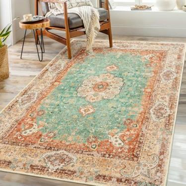 Imagem de Castage Tapete Boho 7 x 12 cm, tapetes laváveis para quarto, sala de estar, cozinha, entrada, pequeno, boêmio, vintage, boêmio, envelhecido, casa de fazenda, antiderrapante, retrô, laranja, verde