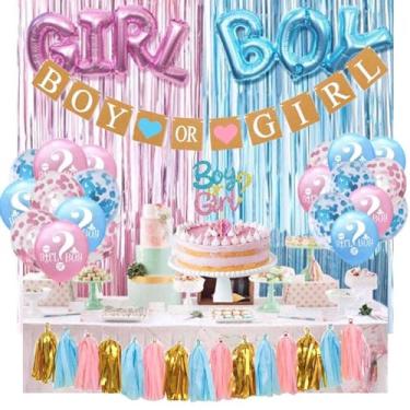 Imagem de Generic Decorações Para Festa De Revelação Do Sexo Bebê, Faixa Menino Ou Menina, Cortinas Metálicas Azuis E Rosa, Balões Confete Azuis, Rosa Transparentes, Borlas, Grandes Com Letras Topo Bolo