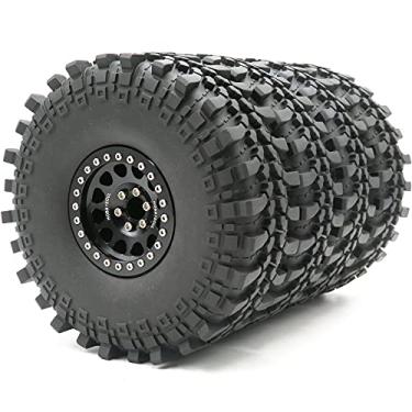 Imagem de 4 peças RC 2.2 Crawler Mud Terrain Pneus macios com altura de inserção de espuma macia (OD): 145 mm/5,7 polegadas e rodas de alumínio 2.2 Beadlock hexagonais 12 mm cor preta
