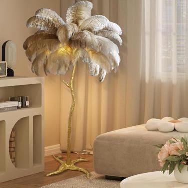 Imagem de Lâmpada De Chão De Penas, 170cm Natural De Avestruz Feather Gold Lâmpada De Chão 3-cores Regulável, Lâmpada De Pé Grande De Luxo Moderna Com Interruptor De Pé, Lâmpa, White