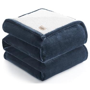 Imagem de UGG Ariana Full/Queen Cobertor de lã macio reversível macio felpudo aconchegante cobertor grande lavável na máquina decoração de quarto para sofá grande ou cama, 228,6 cm x 228,6 cm, azul marinho