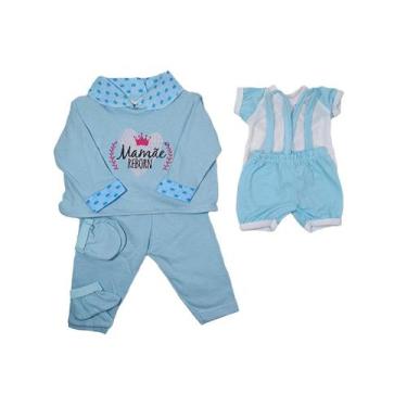 Imagem de Kit Roupinha Bebê Reborn Jardineira + Pijama 5 Peças Azul - Mamãe Rebo
