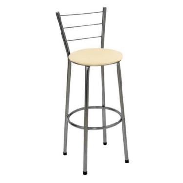 Imagem de Banqueta Alta Cromada com Encosto para Cozinha Assento Bege - Fortmix