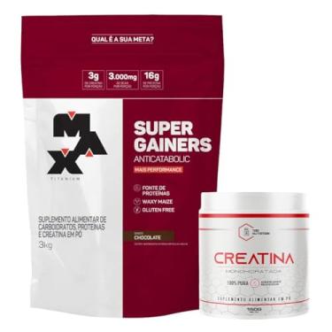 Imagem de Kit Hipercalórico Super Gainers Anticatabolic 3KG + Creatina 100% Pura 150g - Max Titanium (Refil 3KG, Baunilha)