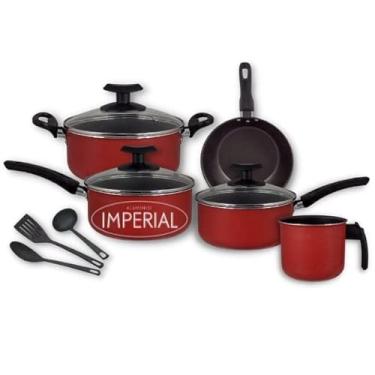 Imagem de Jogo 8 Peças Panelas Teflon Antiaderente Tampa De Vidro (Vermelho)