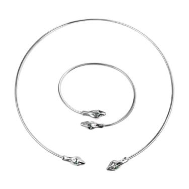 Imagem de Rofusn Conjunto de joias femininas de colar de cobra: conjunto de joias de colar e pulseira banhado a prata para fantasia de Halloween e coquetéis, Latão, Sem Pedra Preciosa