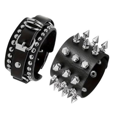 Imagem de TURTLEDOVE 2 pulseiras de couro punk, pulseira de couro emo com tachas e pontas, joias de rock and roll, Large, Aço inoxidável, Sem Pedra Preciosa
