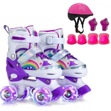 Imagem de Patins Infantil 4 Rodas Verde Com Luz De Led + Protecao Patins Criança