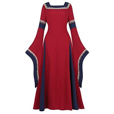 Imagem de Zhitunemi Fantasia renascentista feminina, vestido camponesa, fantasia de Halloween, vestido retrô, Vinho tinto, XG