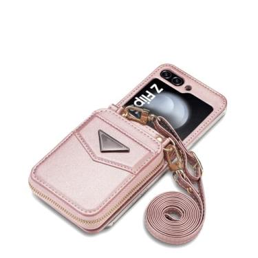 Imagem de HJZSZX Para Samsung Z Flip 5 Long Lanyard Couro Zip Wallet Cartão Telefone Case Crossbody Bolsa Capa (Para Samsung Z Flip 5/Ouro rosa)