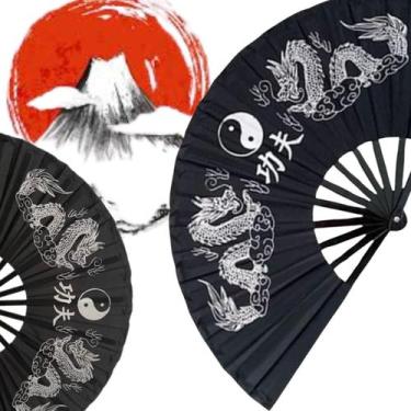 Imagem de Leque  Dragão Preto Dança Kung Fu Chinês Japonês Festas - Home Goods