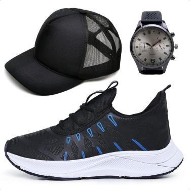 Imagem de Combo Tênis Masculino Esportivo Academia Treino Musculação Caminhada Casual com Relógio e Boné-Masculino