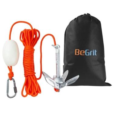 Imagem de BeGrit Kit de âncora de barco pequeno âncora dobrável de aço carbono para canoa, jet ski, SUP e prancha de remo, 700 g com bolsa de transporte de corda de reboque de âncora de 10 m