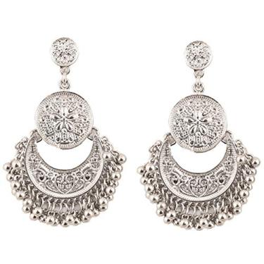 Imagem de Touchstone "Tribal Bohemian Chic" indiano Bollywood belas franjas e tema floral étnico sul indiano Chandbali lua designer de noiva lua brincos lustre para mulheres Branco