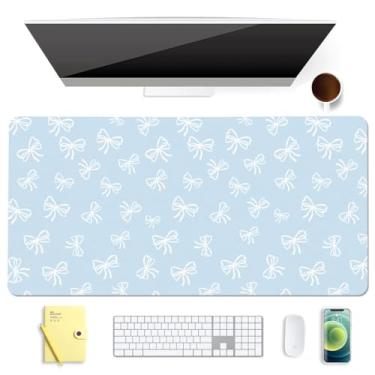 Imagem de BlHMCASE Lindo tapete de mouse com laço branco azul estendido para jogos, protetor de couro antiderrapante para mesa de escritório em casa, tapete de mesa para laptop