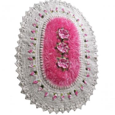 Imagem de Tapete De Luxo Crochê Artesanal Branco Com Flor