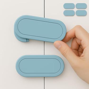 Imagem de Kit com 4 Travas de Segurança Sem Furos para Portas e Gavetas – | Proteção Infantil, Instalação com Adesivo, Trava Ideal para Bebês, Crianças, Pets e Armários (Azul)
