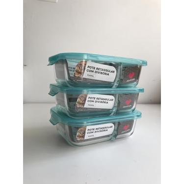 Imagem de kit 3 Pote de Vidro com Divisória e Tampa de Plástico com travas 700ml marmita retangular