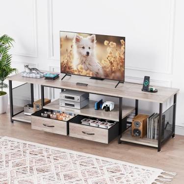 Imagem de eiskah Suporte de TV com gavetas de tecido e tomadas elétricas para TV de 195 cm, centro de entretenimento com prateleiras de armazenamento abertas, mesa de console de mídia de TV industrial para sala