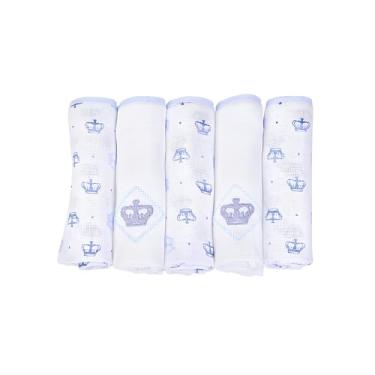 Imagem de Kit 5 Fraldas de Ombro para Bebê Minasrey Reininho Classic 70x68cm - Tecido Duplo 100% Algodão, Bordadas e Estampadas com Coroas, Unissex (Coroa Azul)