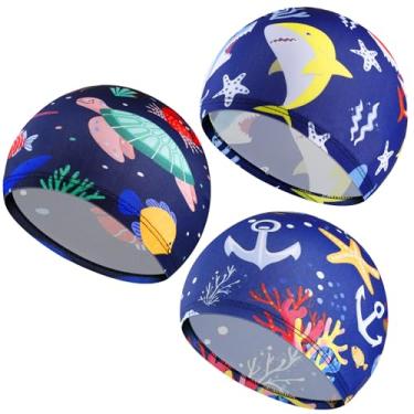 Imagem de Cabaubl 3 toucas de natação infantis, toucas de tecido, chapéus de natação para crianças, touca de banho unissex, touca de piscina para meninos e meninas cabelo longo curto (3 padrões fofos)