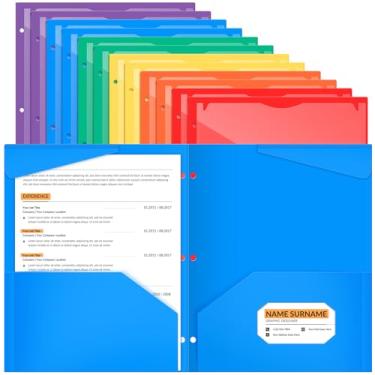 Imagem de Pacote com 12 pastas de bolso com bolso frontal transparente, pastas de arquivo de plástico perfurado com 3 furos, volta às aulas, resistente, para fichário de 3 anéis, suporte de papel de 28 x 23 cm