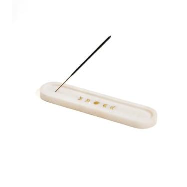 Imagem de Matr Boomie Suporte de incenso da fase da lua – Mármore branco esculpido à mão com incrustação de latão – Queimador duplo de incenso para altar doméstico, decoração boho e presente de meditação