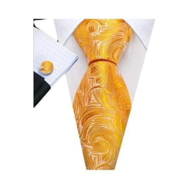 Imagem de Conjunto de Abotoaduras e Gravata de Seda - Tulipas Douradas, Bege, Am