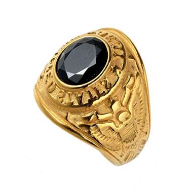 Imagem de HIJONES Anel masculino de aço inoxidável do exército dos Estados Unidos com pedra, Zircônia, aço inoxidável, banhado a ouro, Strass