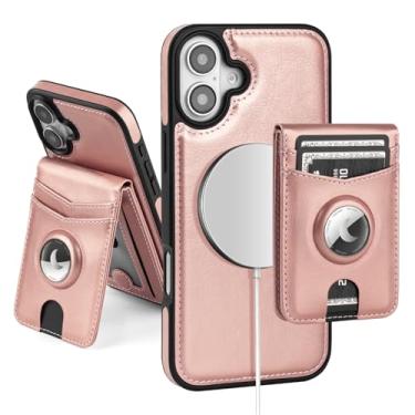 Imagem de SkyEagle Capa carteira compatível com MagSafe para iPhone 16 com suporte para AirTag, 2 em 1, de couro PU, magnético, destacável, com bloqueio de RFID, suporte para cartão de crédito, capa flip com