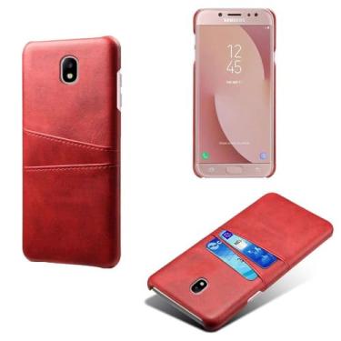 Imagem de Capas Compatível com Samsung Galaxy J7 Pro,Caso de couro PU-Tampa de telefone a prova de choque com 2 slots de cartão,Proteção anti-impressão digital e anti-gota-Red