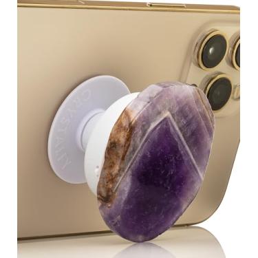 Imagem de CRYSTALFY Suporte Para Celular Grips By Chevron Ametista Com Borda Natural E Expansível - Acessório Superior Trocável Pedras Preciosas Iphone, Ipad Dispositivos Móveis Kindle