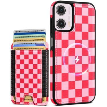 Imagem de Shorogyt Capa para celular Motorola Moto G Power 5G 2024 fofa de couro Kawaii, compatível com carteira Magsafe, suporte magnético para cartão de crédito, design de grade, capa de telefone para