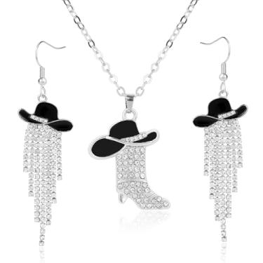 Imagem de 2 peças Joias Estilo Western para Mulher, Brilhantes Strass Brincos de Borla Pendente e Cristal Bota de Cowboy Chapéu Colar com Pendente Presente Western Estilo Country Acessórios para Cowgirl