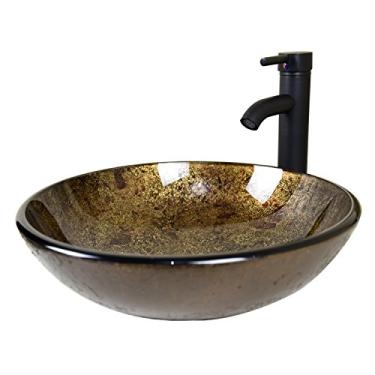 Imagem de Walcut Pia de vaso de vidro sólido artístico redondo temperado elegante com torneira de bronze polido a óleo e ralo pop-up