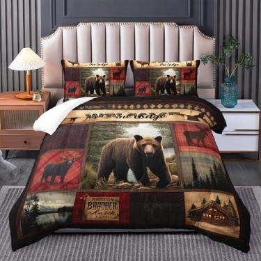 Imagem de Tuzaovy Conjunto de edredom Queen com urso marrom, tamanho Queen, com estampa de urso, para adultos, decoração de quarto rústico, conjunto acolchoado para decoração de quarto