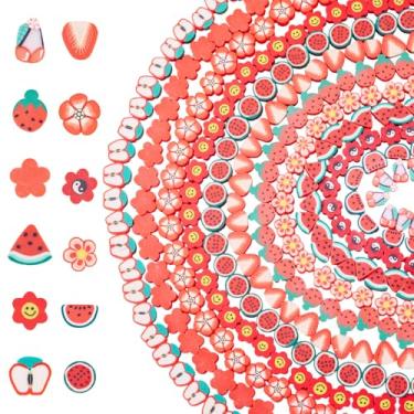 Imagem de Cheriswelry Kit de fabricação de 12 fios de pulseira de argila com contas fofas flores frutas espaçador solto contas de artesanato de verão 6-13 mm para colar chaveiro fazer suprimentos DIY (vermelho)