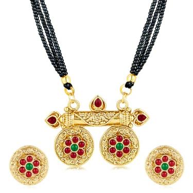 Imagem de Aheli Rani Colar Mangalsutra Rosa Verde Pedra Sintética Cravejado com Brincos Conjunto de Joias Tradicionais para Mulheres, One Size, Cobre, Sem Pedra Preciosa
