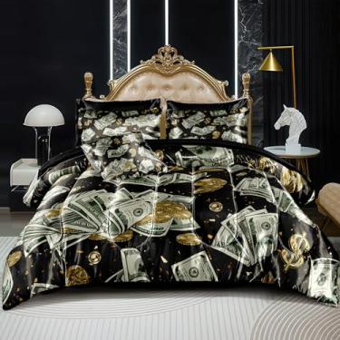 Imagem de Merryword Conjunto de cama queen com dinheiro dos EUA, 8 peças, cama em uma bolsa, cetim, cédula, decoração de casa, hotel de luxo, edredom sedoso