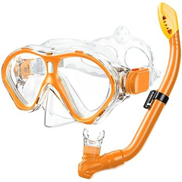 Imagem de Conjunto de snorkel infantil Gintenco, máscara de snorkel Dry Top Antivazamento para crianças jovens, equipamento de mergulho antiembaçamento com respiração livre, óculos de mergulho de vidro temperado para natação e mergulho com visão panorâmica de 180° (laranja)