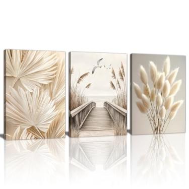 Imagem de 3 Palhetas Beges Botanical Framed Canvas Wall Art Neutral Palm Fronds Wall Paintings Quiet Beach Landscapes Art Prints Picture Home Decor for Bedroom Living Office Reay to Hang 40.6 cm x 61.0 cm x 3
