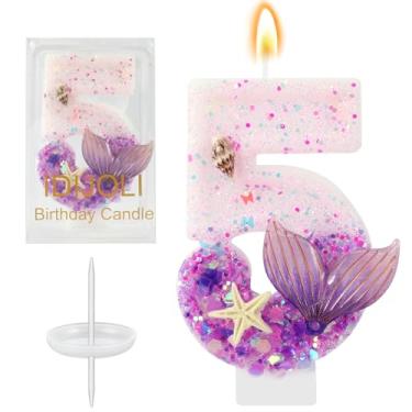 Imagem de IDIJOLI Vela roxa número 5 velas sereia aniversário 5º aniversário topo de bolo decorações de cupcake para meninas e mulheres, decoração de festa, aniversário, celebrações, suprimentos, lembrancinhas