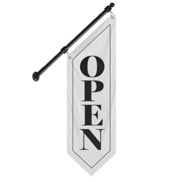 Imagem de QSUM Bandeira de parede de lona aberta, placa aberta para pendurar dupla face com poste de aço inoxidável e kit de montagem, banner comercial estilo vintage, bandeira aberta de 30 x 106 cm (branco-B